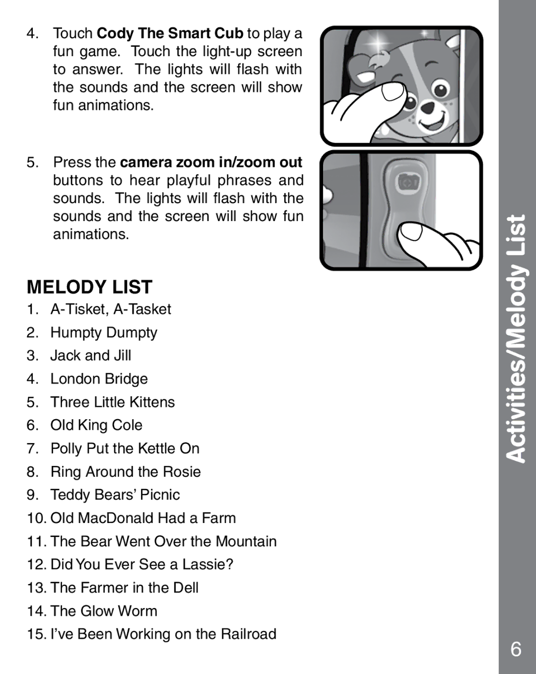 VTech vtech light-up baby touch tablet user manual Activities/Melody List 