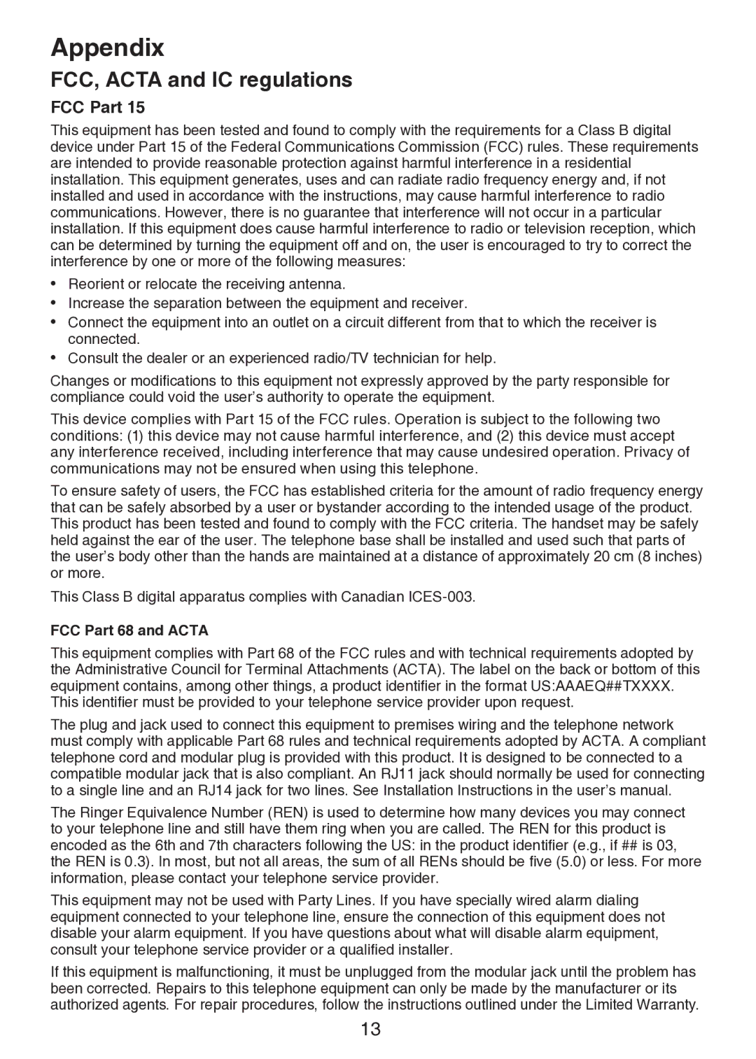 VTech vtech user manual FCC, Acta and IC regulations, FCC Part 68 and Acta 