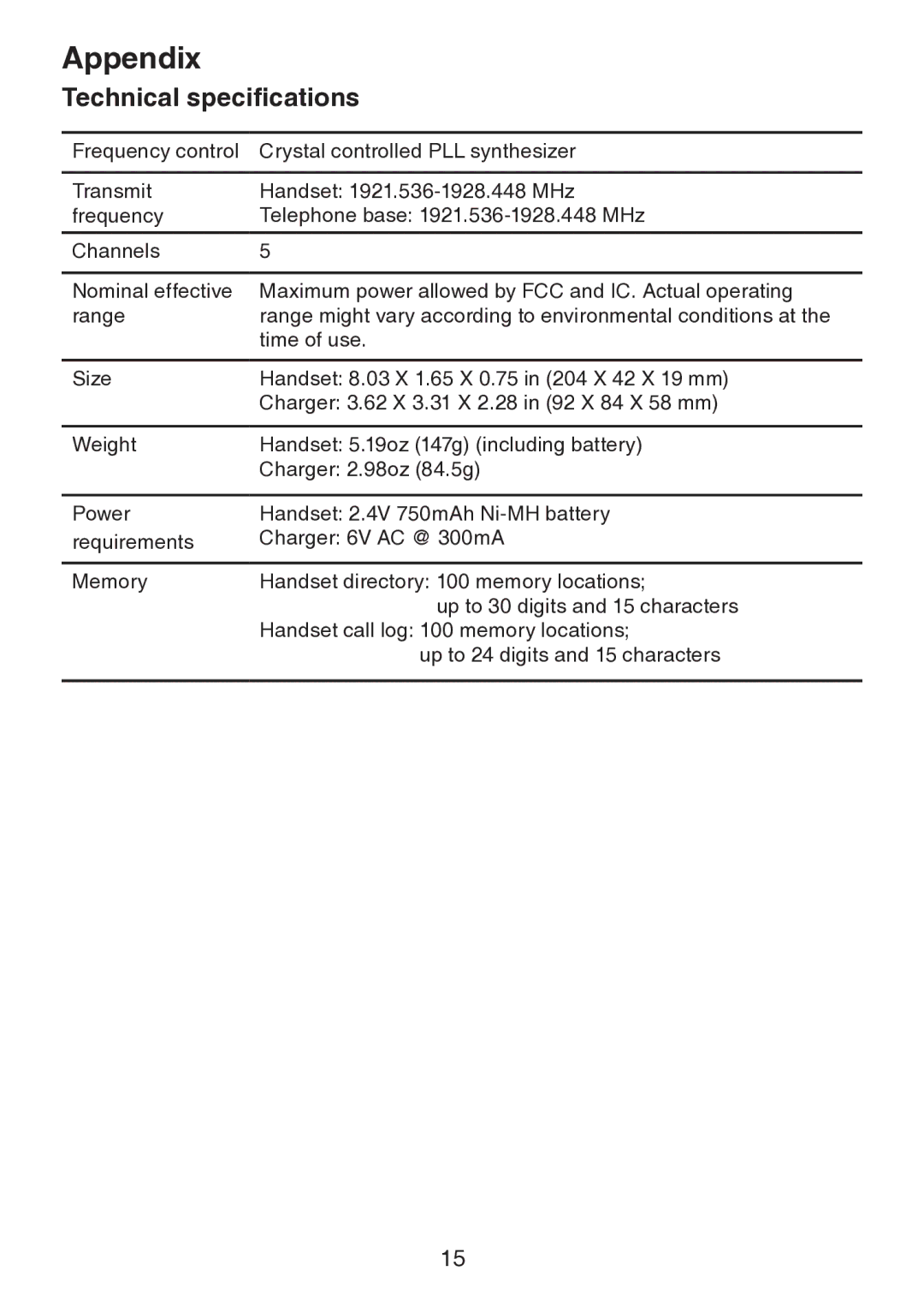 VTech vtech user manual Technical specifications 