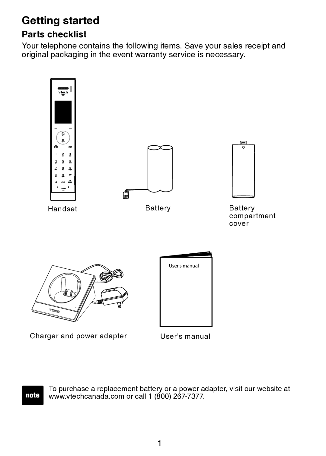 VTech vtech user manual Getting started, Parts checklist 