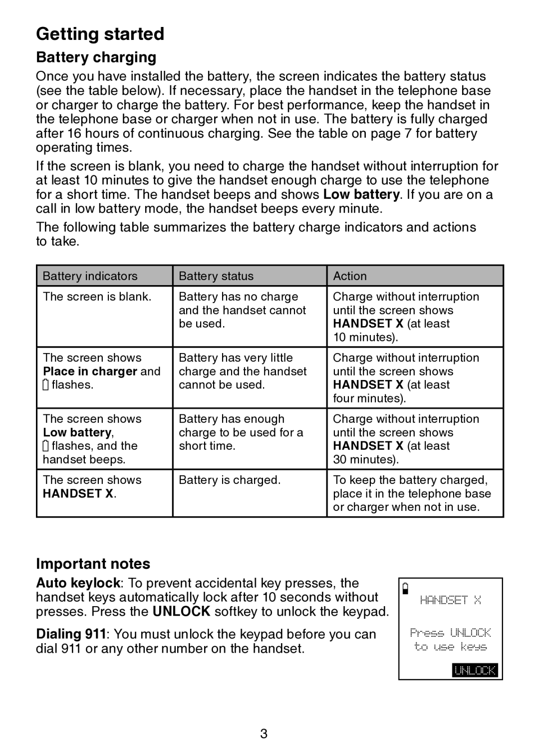 VTech vtech user manual Battery charging, Important notes, Handset X at least, Place in charger, Low battery 