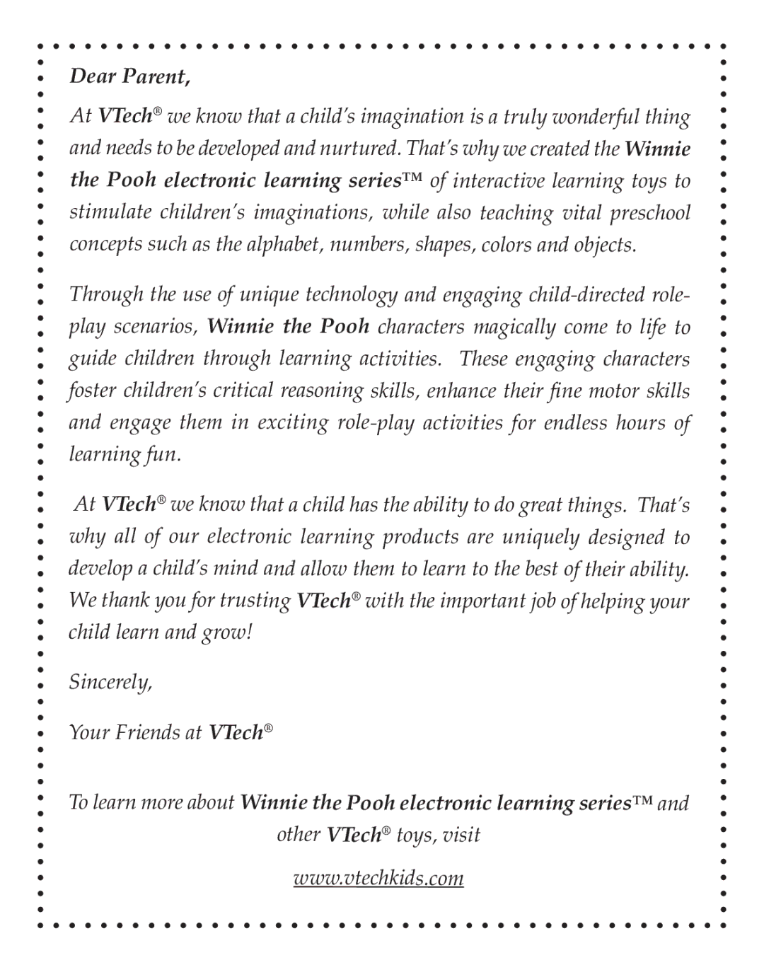 VTech Winnie the Pooh manual Dear Parent 