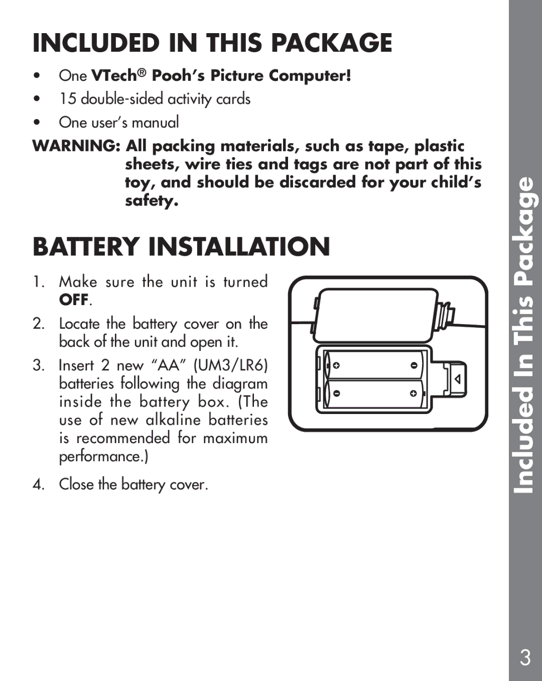 VTech Winnie the Pooh manual Included in this Package, Battery Installation, Included In This Package 