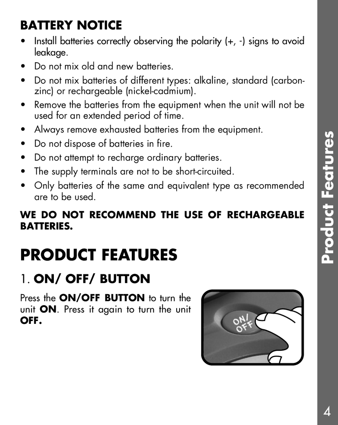 VTech Winnie the Pooh manual Product Features, Battery Notice, ON/ OFF/ Button 