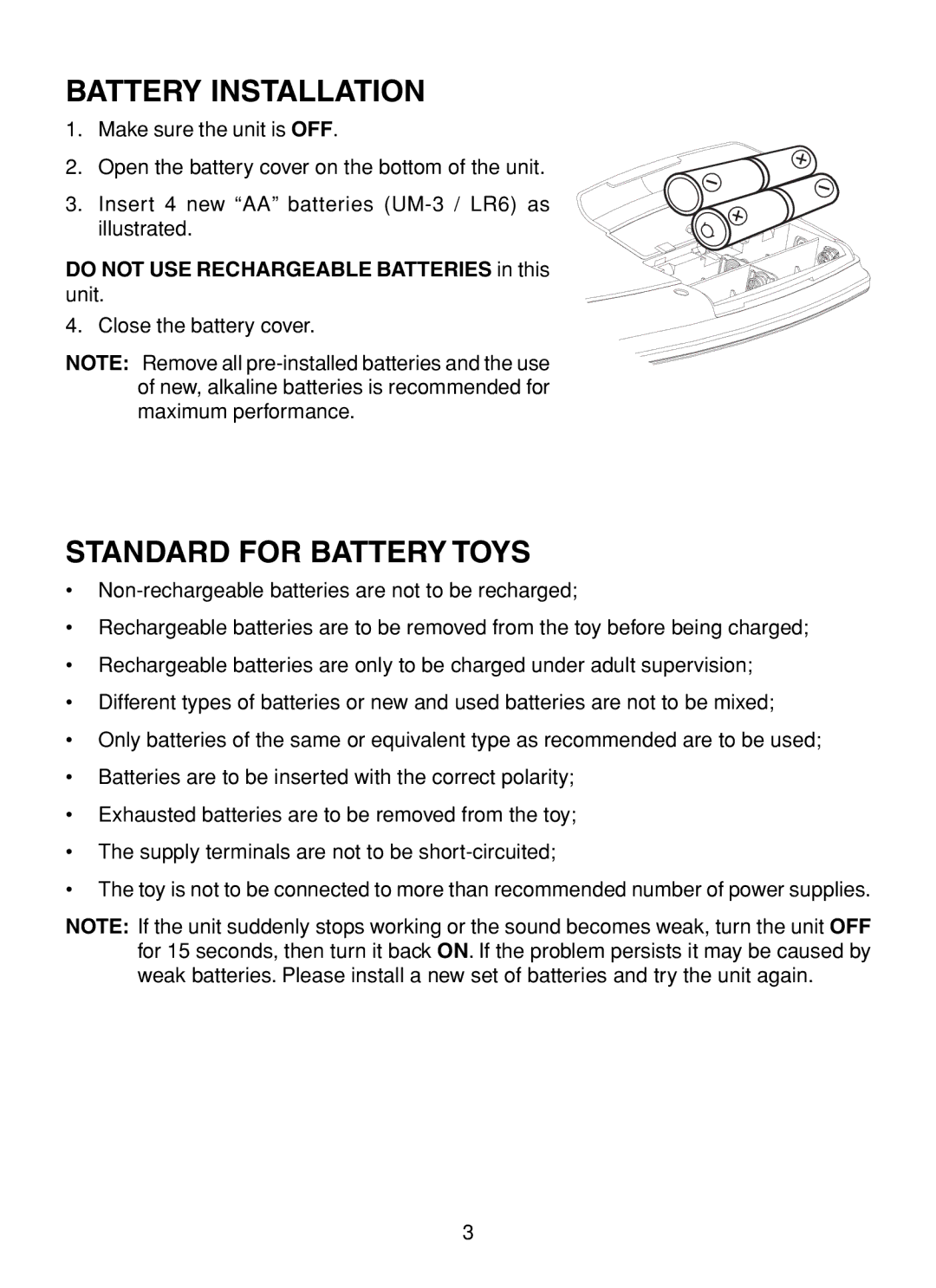 VTech XL Series user manual Battery Installation, Standard for Battery Toys, Do not USE Rechargeable Batteries in this 