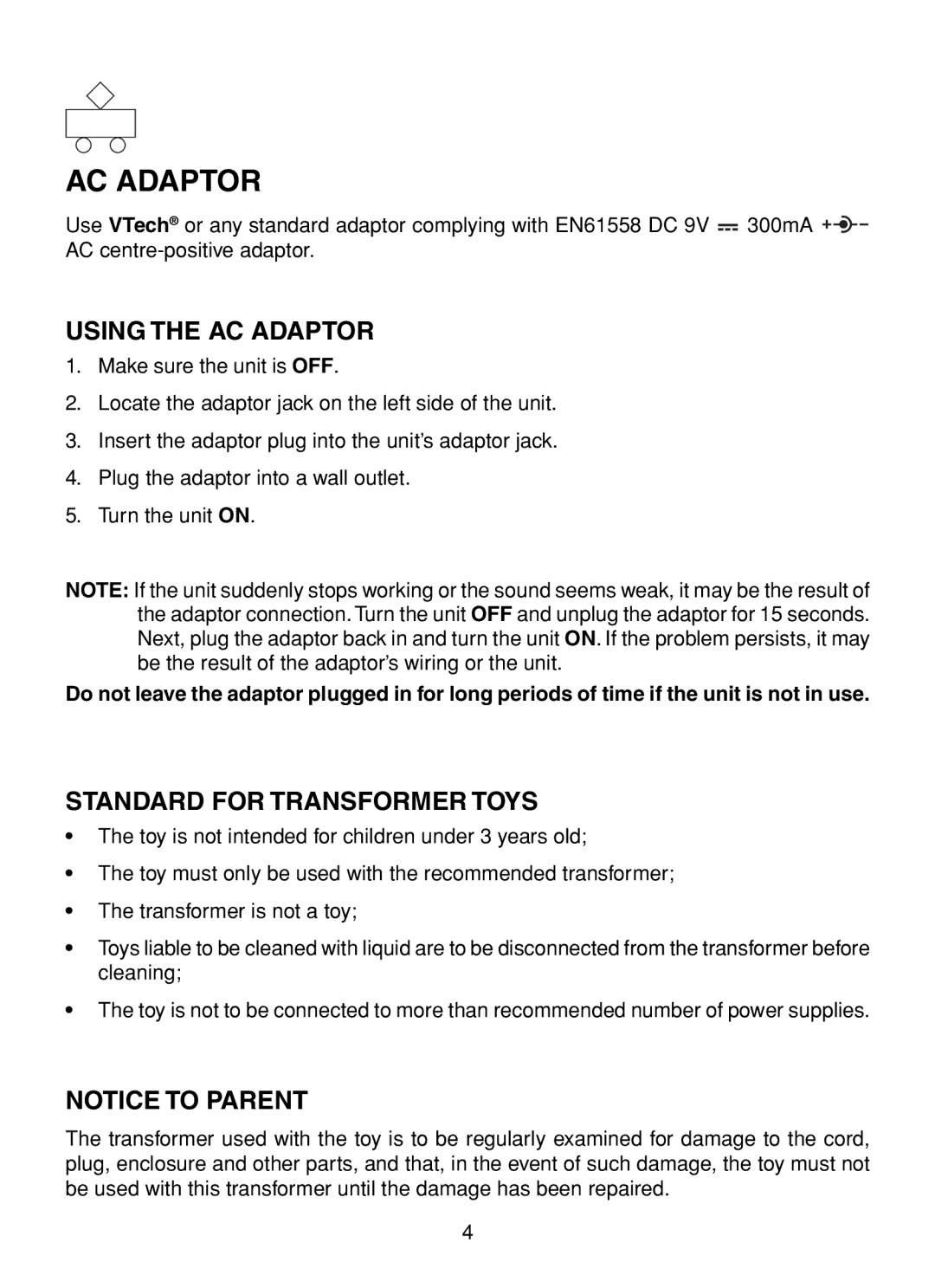 VTech XL Series user manual Using the AC Adaptor, Standard for Transformer Toys 