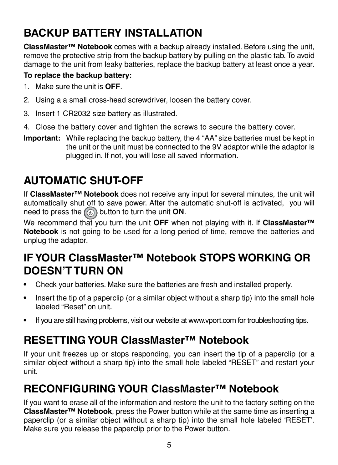 VTech XL Series user manual Backup Battery Installation, Automatic SHUT-OFF, Resetting Your ClassMaster Notebook 