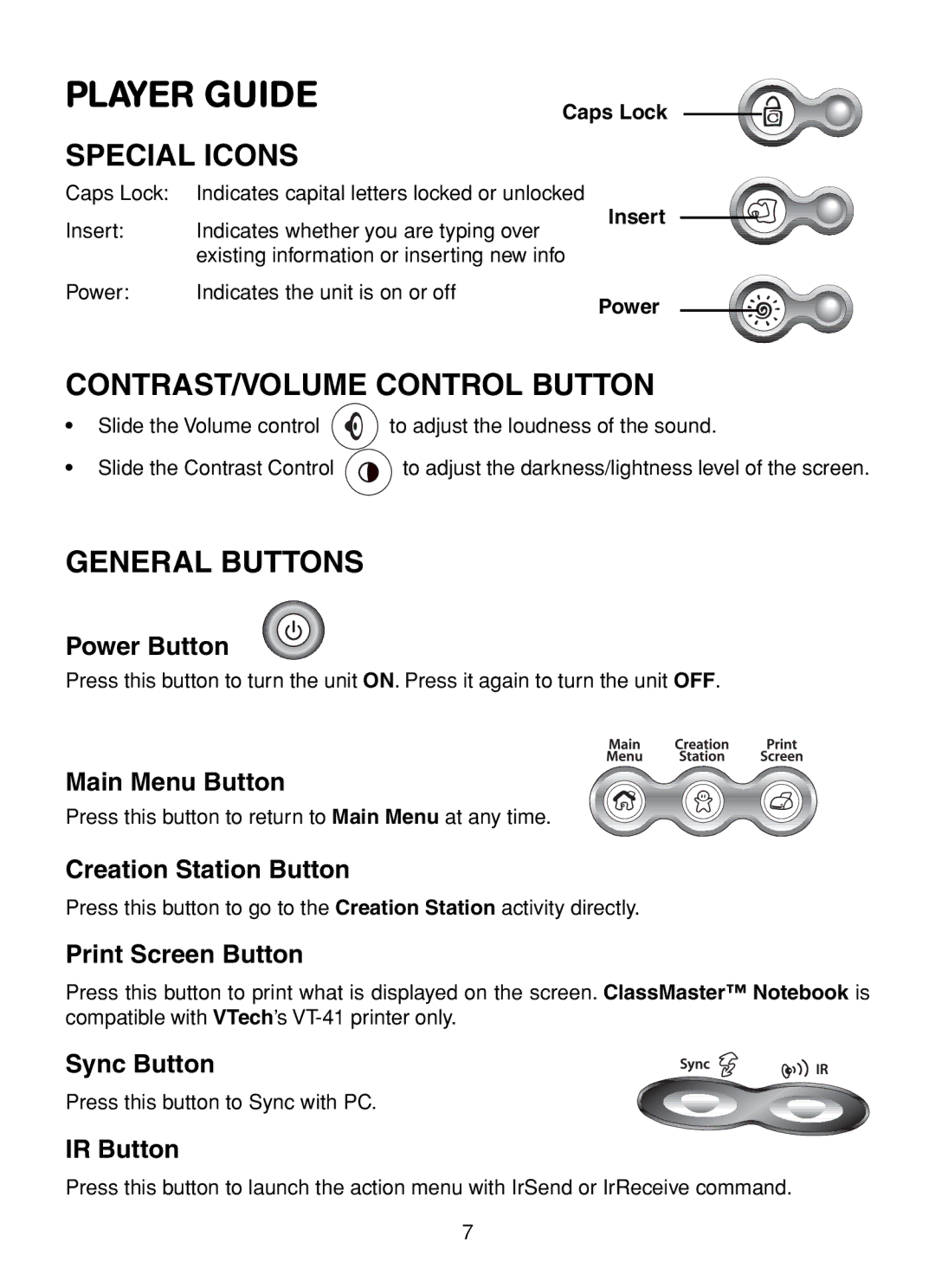 VTech XL Series user manual Player Guide, Special Icons, CONTRAST/VOLUME Control Button, General Buttons 