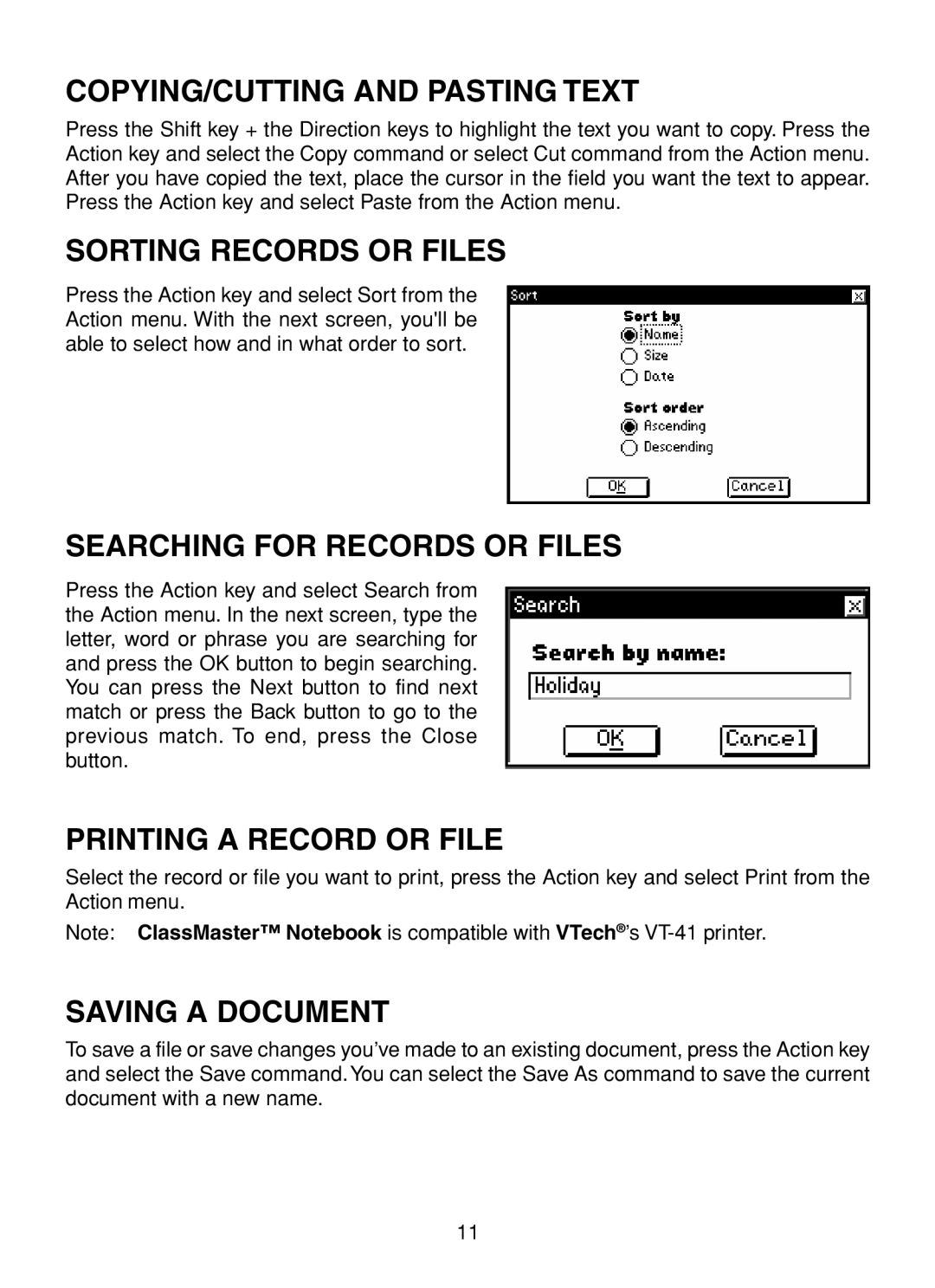 VTech XL Series user manual COPYING/CUTTING and Pasting Text, Sorting Records or Files, Searching for Records or Files 