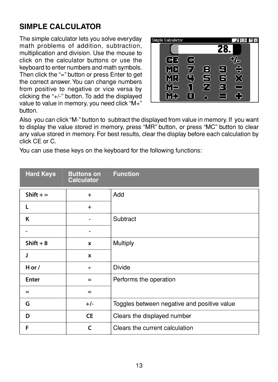 VTech XL Series user manual Simple Calculator, Hard Keys Buttons on Function Calculator 