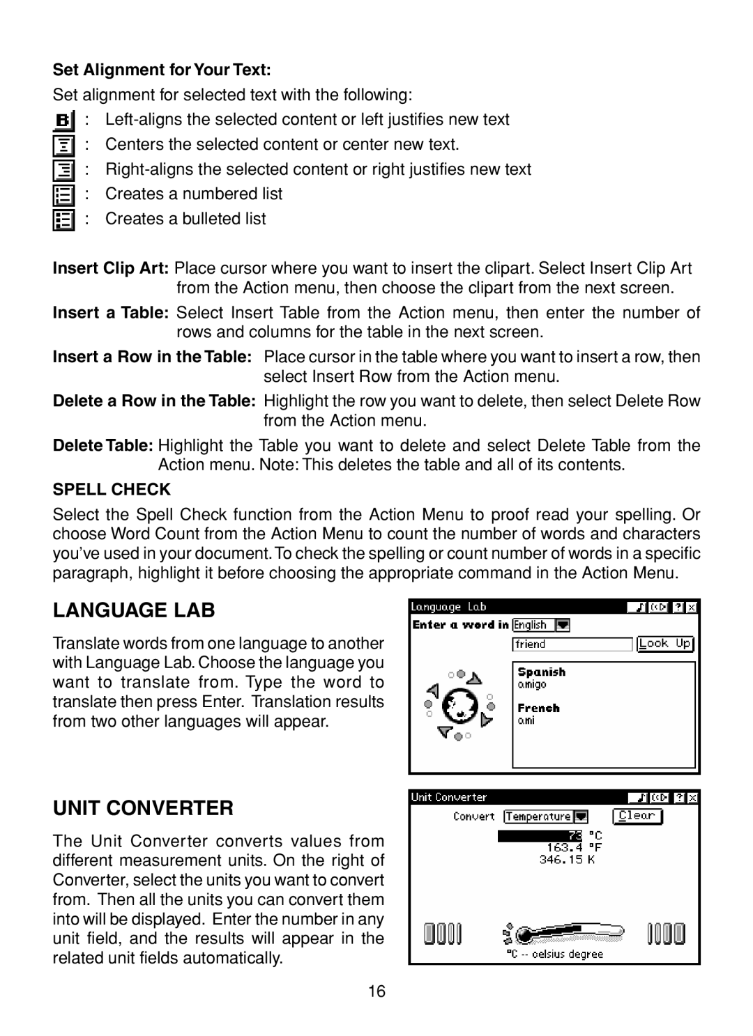 VTech XL Series user manual Language LAB, Unit Converter, Set Alignment for Your Text 