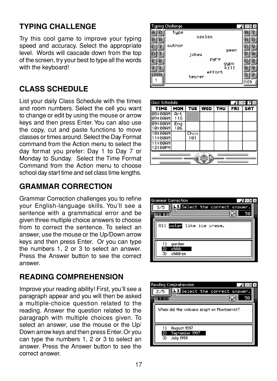 VTech XL Series user manual Typing Challenge, Class Schedule, Grammar Correction, Reading Comprehension 