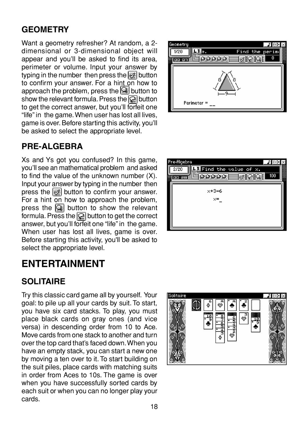 VTech XL Series user manual Entertainment, Geometry, Pre-Algebra, Solitaire 