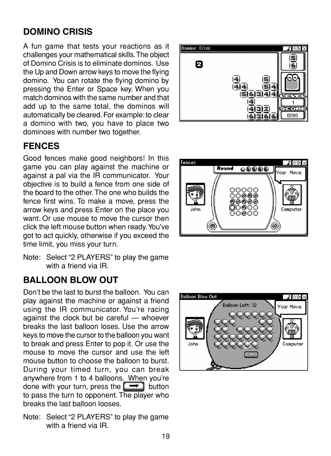 VTech XL Series user manual Domino Crisis, Fences, Balloon Blow OUT 