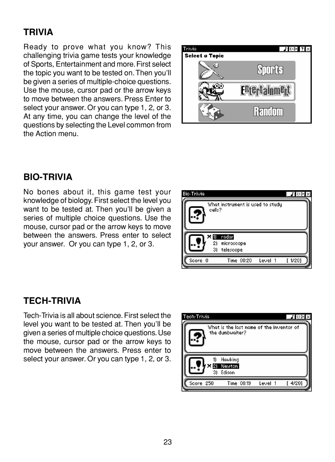 VTech XL Series user manual Bio-Trivia, Tech-Trivia 