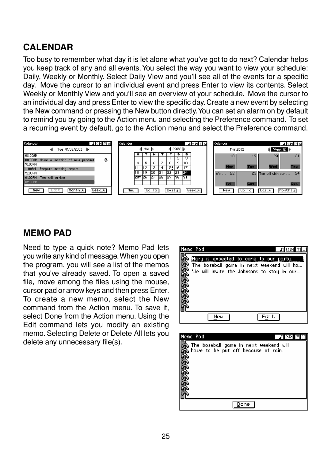 VTech XL Series user manual Calendar, Memo PAD 