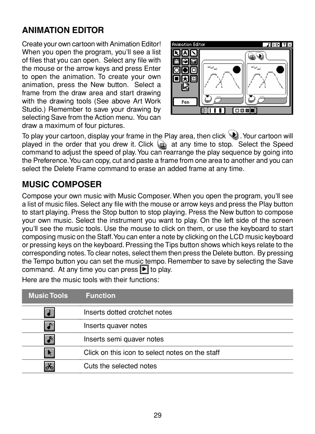 VTech XL Series user manual Animation Editor, Music Composer 