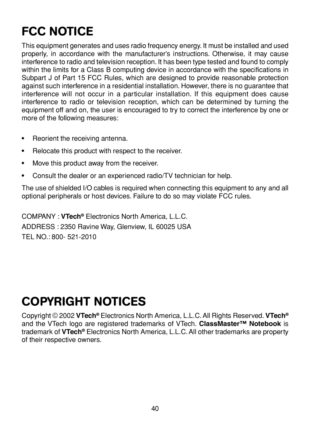 VTech XL Series user manual FCC Notice, Copyright Notices 