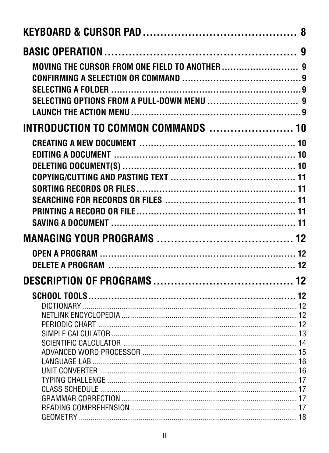 VTech XL Series user manual Basic Operation, Managing Your Programs, Description of Programs 