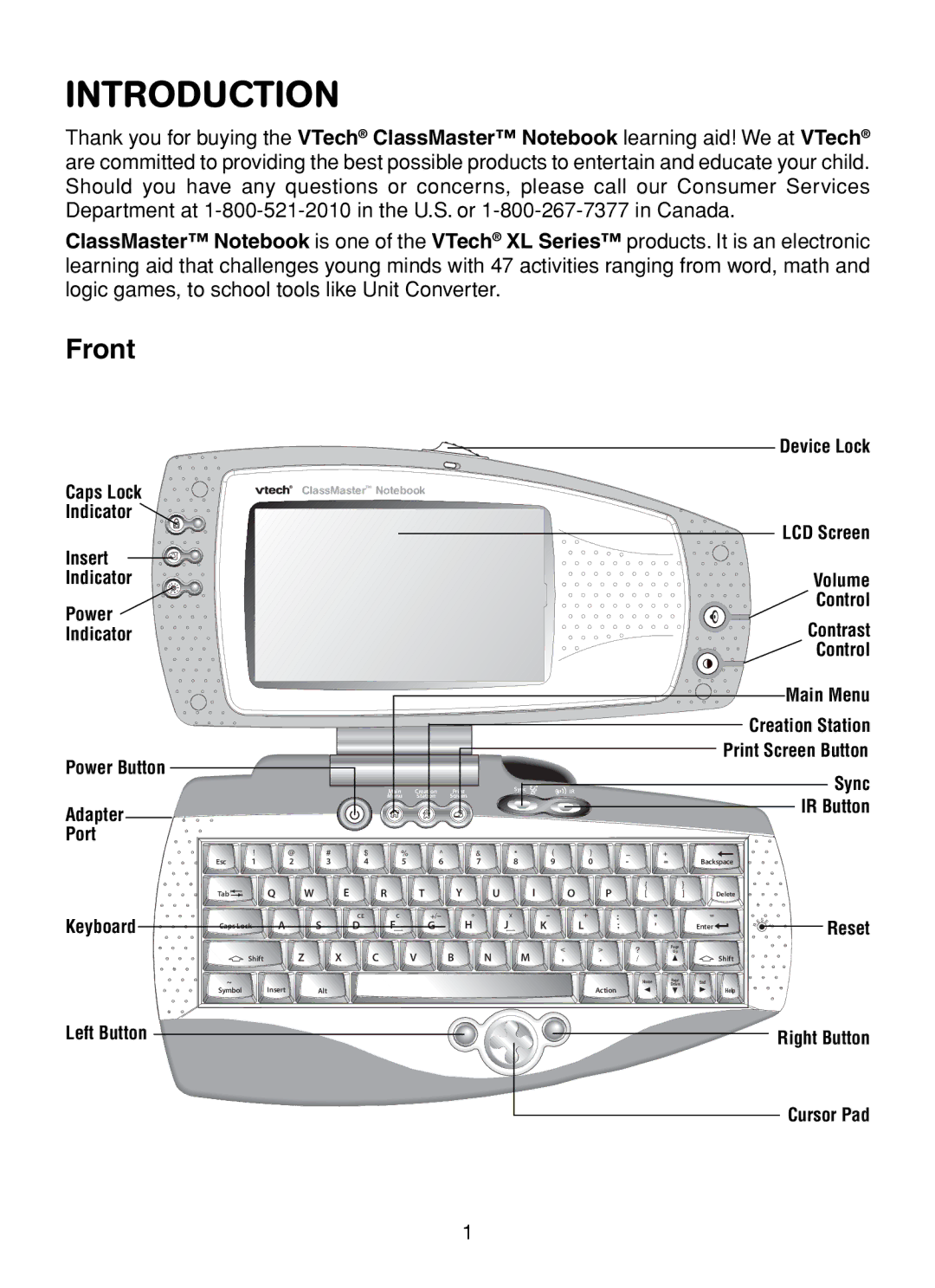 VTech XL Series user manual Introduction, Front 