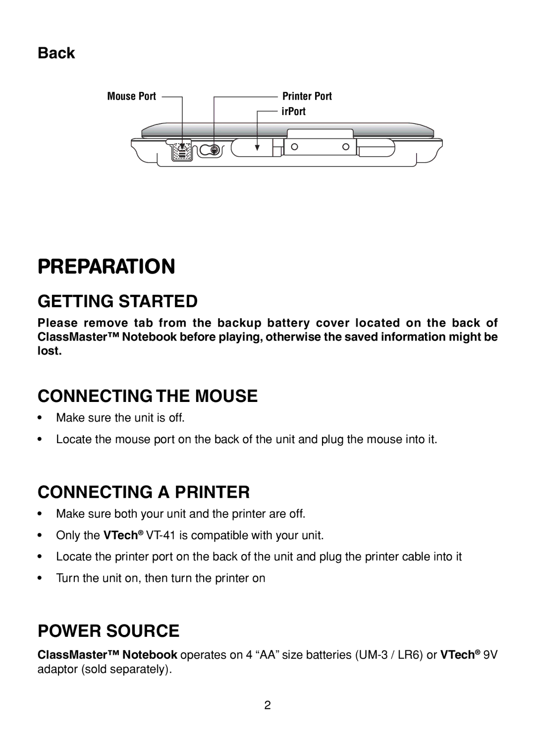 VTech XL Series user manual Preparation, Getting Started, Connecting the Mouse, Connecting a Printer, Power Source 