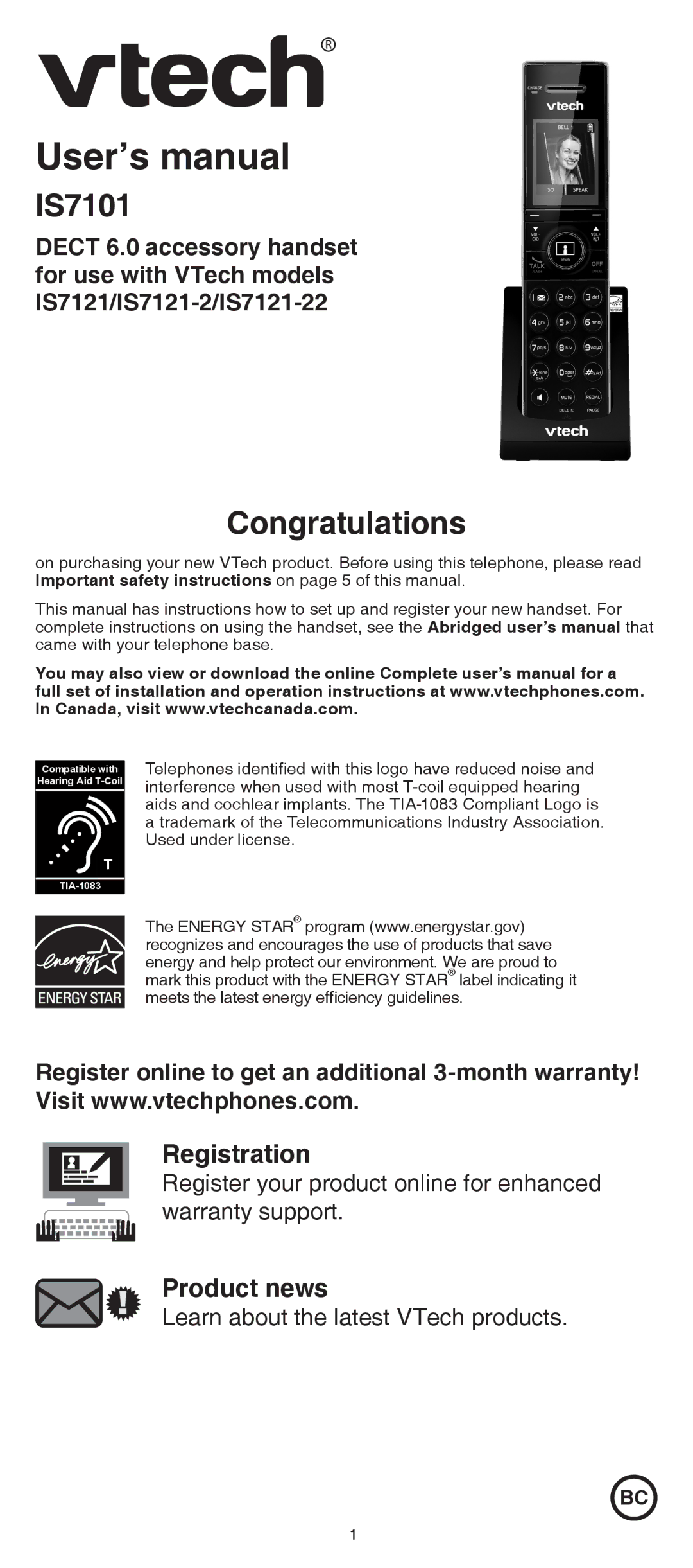 VTech dect 6.0 accessory handset for use with vtech models is7121/is7121-2/is7121-22 user manual User’s manual 