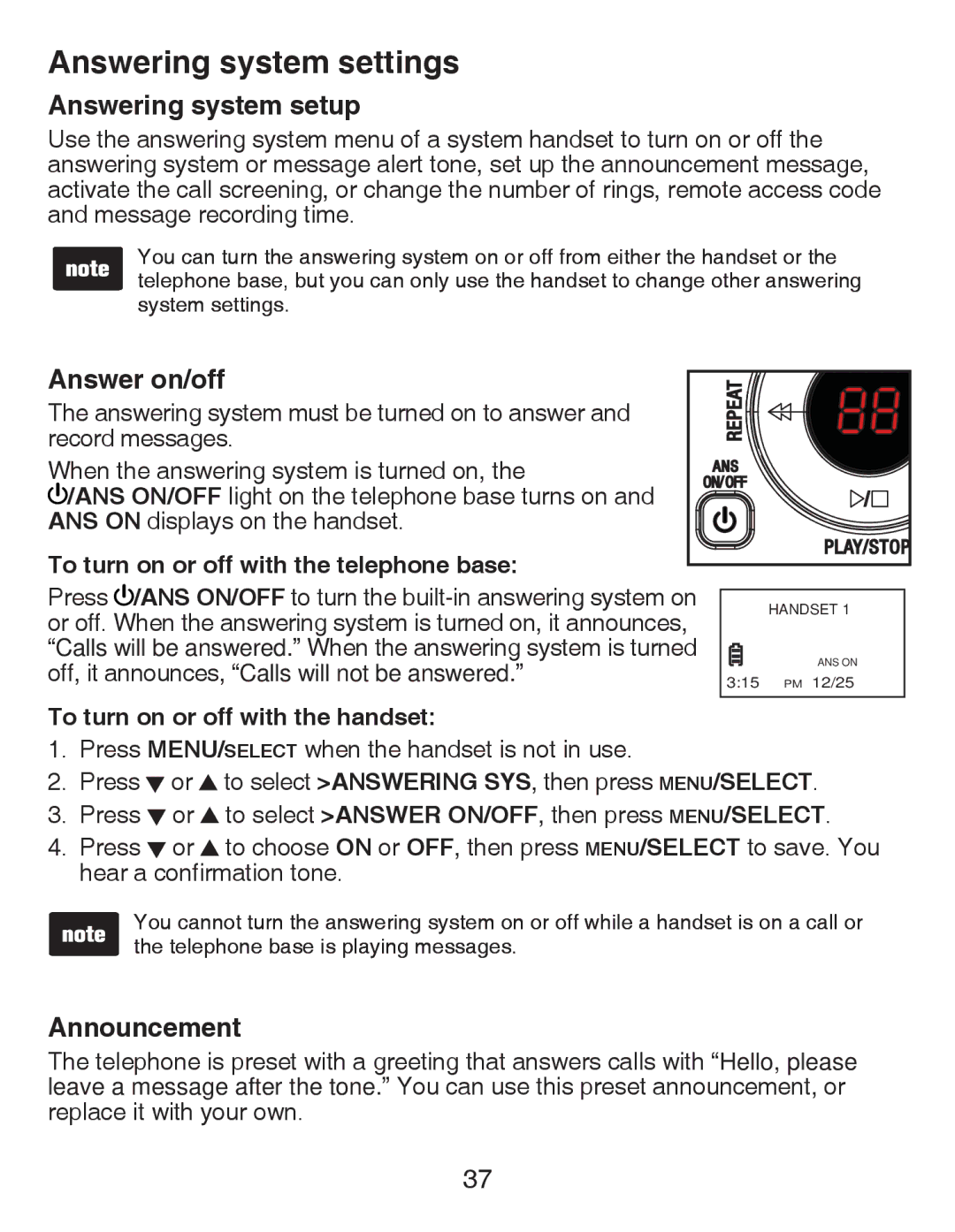 VTech CS6428-2/CS6429/ CS6249-15/CS6429-16/ CS6429-2/CS6429-3/ CS6429-4/CS6429-5 Answering system settings, Answer on/off 