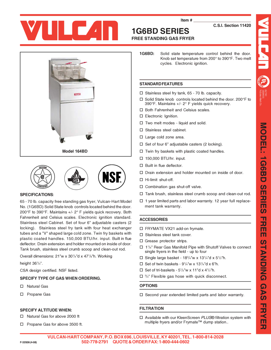 Vulcan-Hart 164BD specifications 1G6BD Series, Free Standing GAS Fryer 