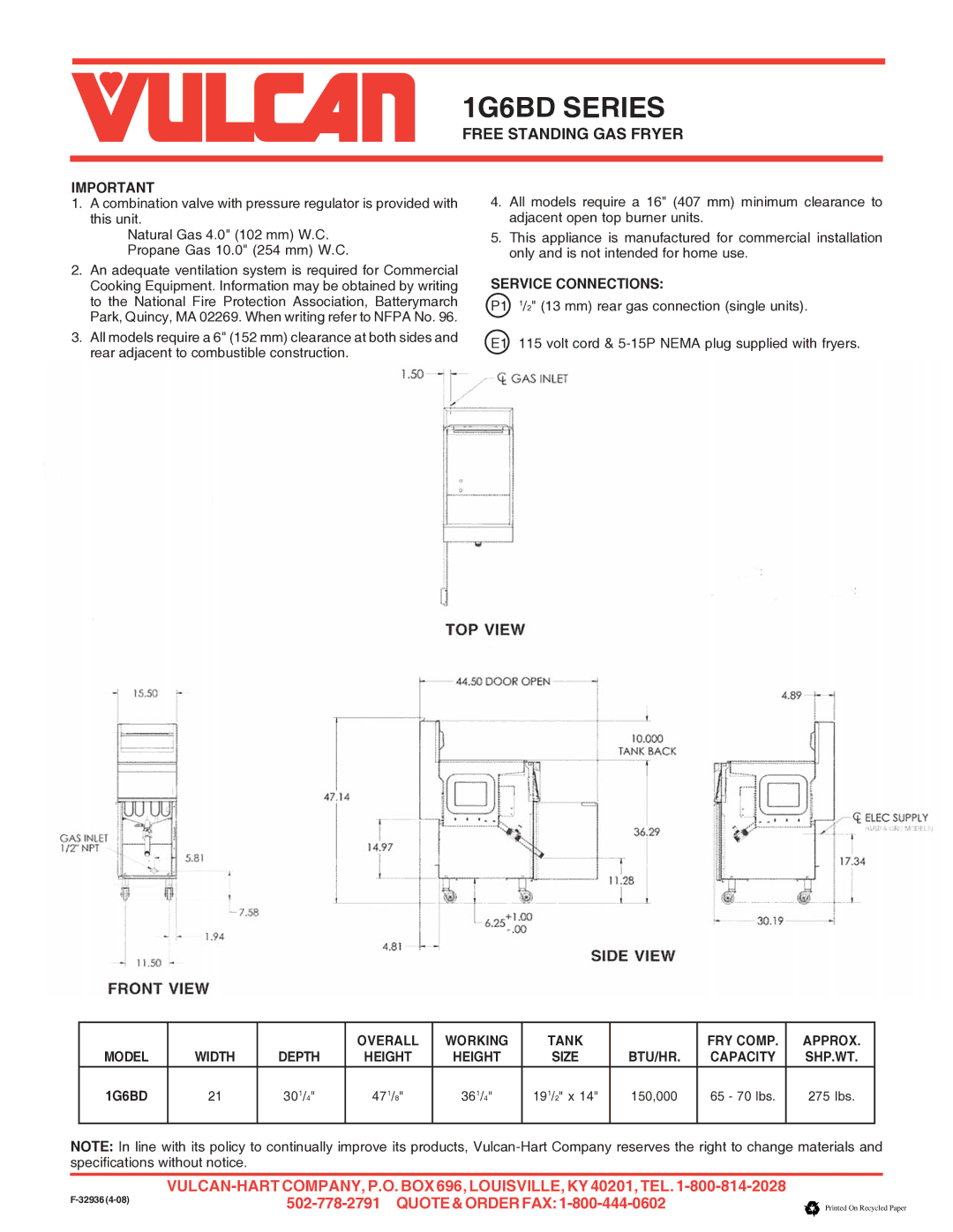 Vulcan-Hart 1G6BD Series, 164BD specifications Service Connections 