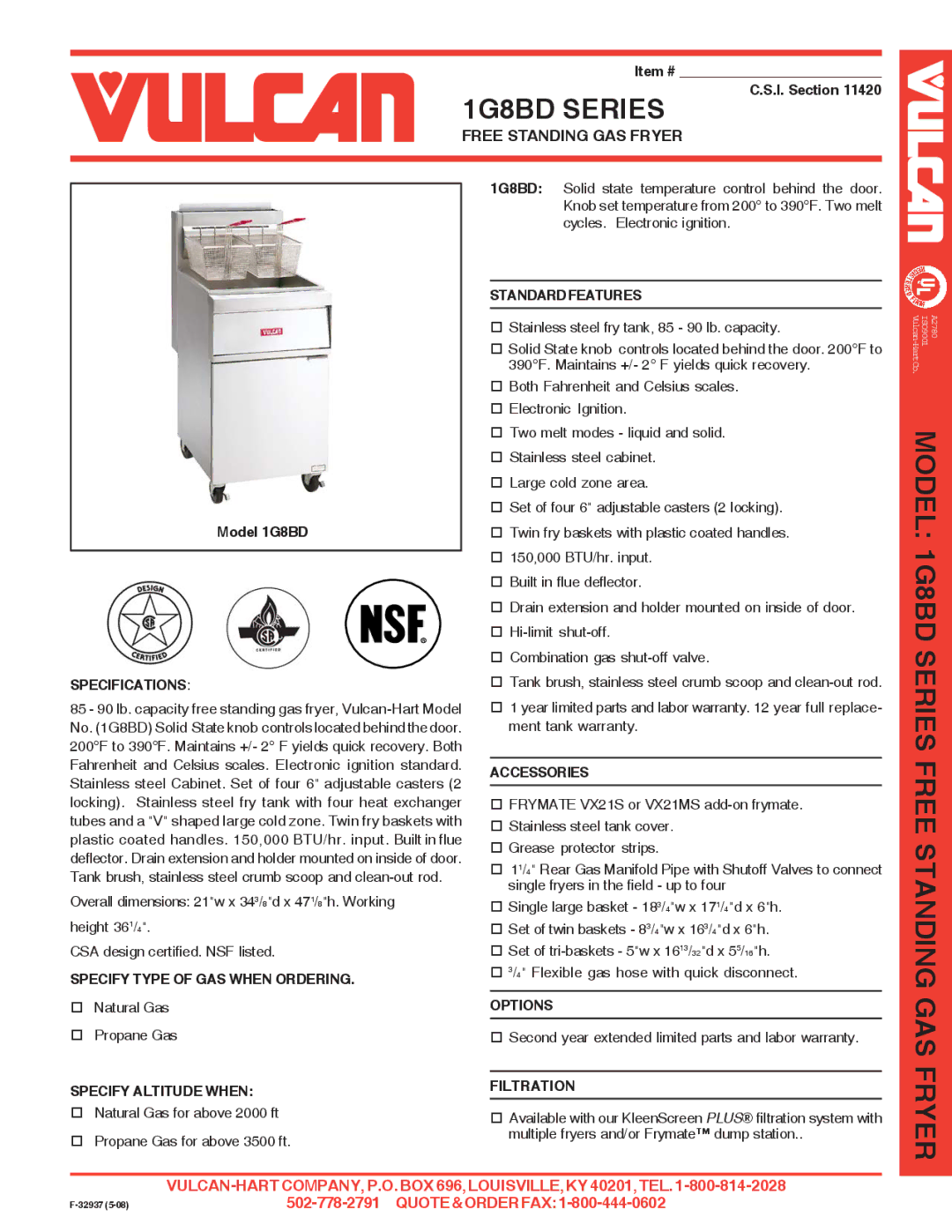 Vulcan-Hart specifications 1G8BD Series, Free Standing GAS Fryer 