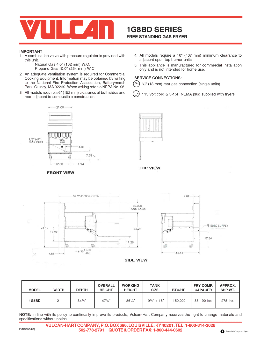 Vulcan-Hart 1G8BD specifications Service Connections 