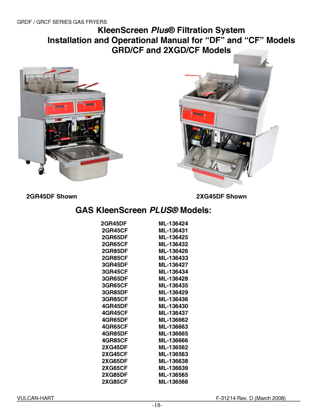 Vulcan-Hart 1GR85D, 2XG65DF, 4GR85CF, 3GR85DF, 4GR45CF, 3GR85CF, 3GR45DF, 4GR45DF GAS KleenScreen Plus Models, 2GR45DF Shown 