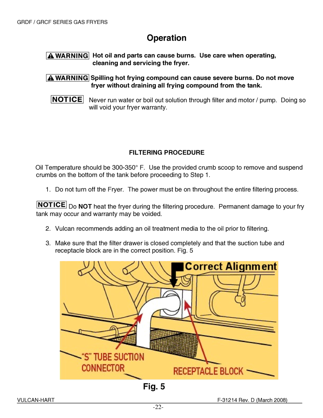 Vulcan-Hart 1GR65D, 2XG65DF, 4GR85CF, 3GR85DF, 4GR45CF, 3GR85CF, 3GR45DF, 4GR45DF, 4GR85DF, 4GR65CF Operation, Filtering Procedure 