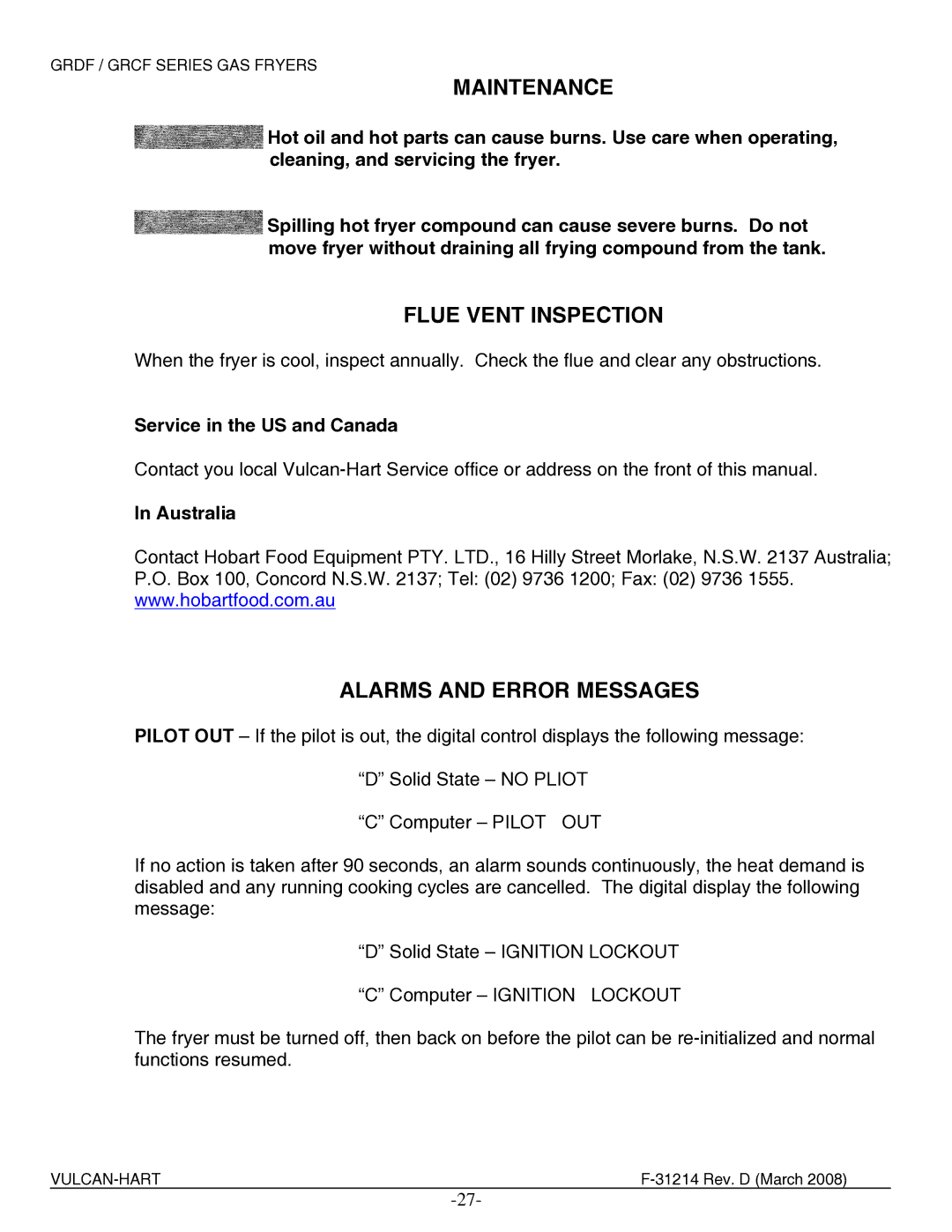 Vulcan-Hart 3GR85CF Maintenance, Flue Vent Inspection, Alarms and Error Messages, Service in the US and Canada, Australia 
