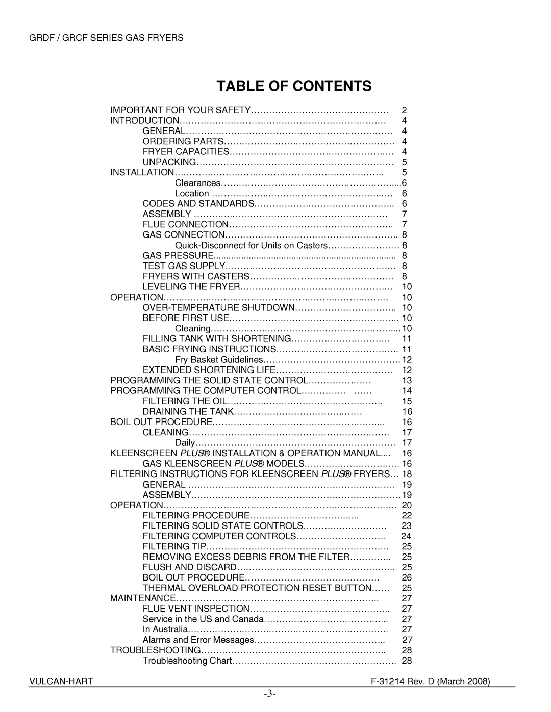 Vulcan-Hart 4GR45CF, 2XG65DF, 4GR85CF, 3GR85DF, 3GR85CF, 3GR45DF, 4GR45DF, 4GR85DF, 4GR65CF, 2XG85CF, 2XG85DF Table of Contents 