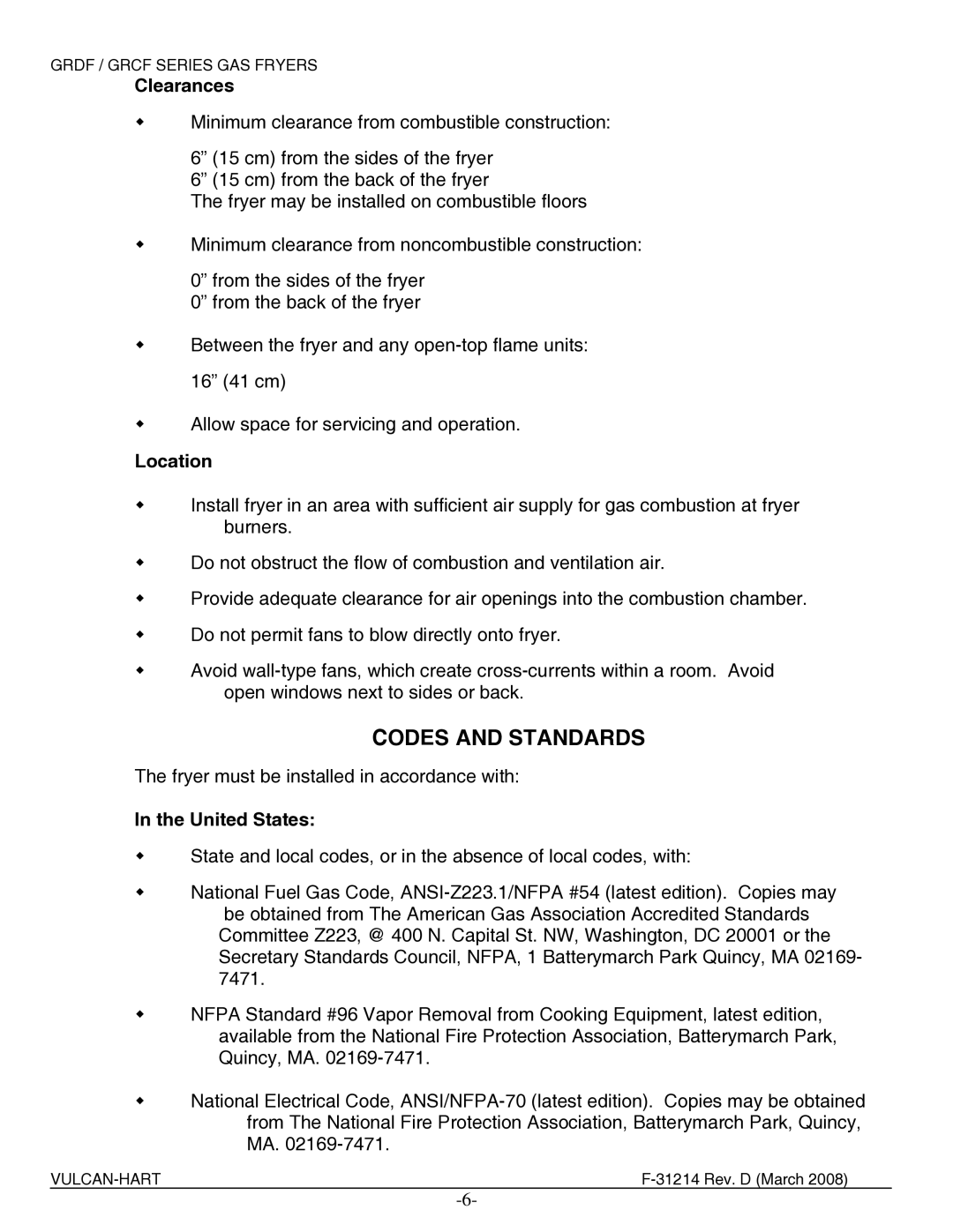 Vulcan-Hart 4GR45DF, 2XG65DF, 4GR85CF, 3GR85DF, 4GR45CF, 3GR85CF manual Codes and Standards, Clearances, Location, United States 