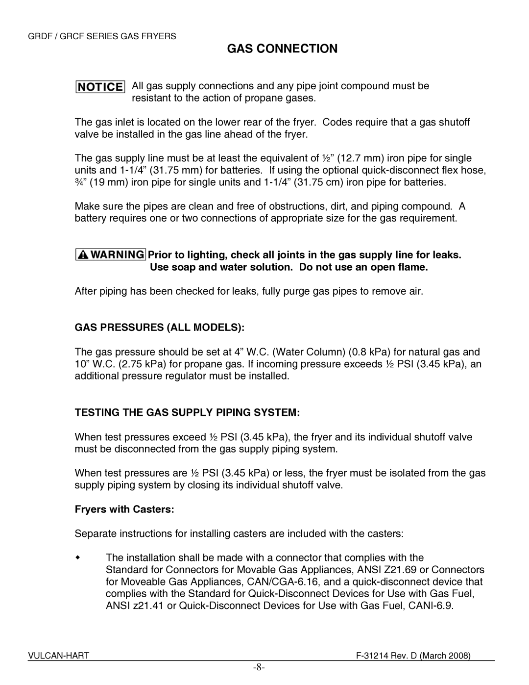 Vulcan-Hart 4GR65CF GAS Connection, GAS Pressures ALL Models, Testing the GAS Supply Piping System, Fryers with Casters 