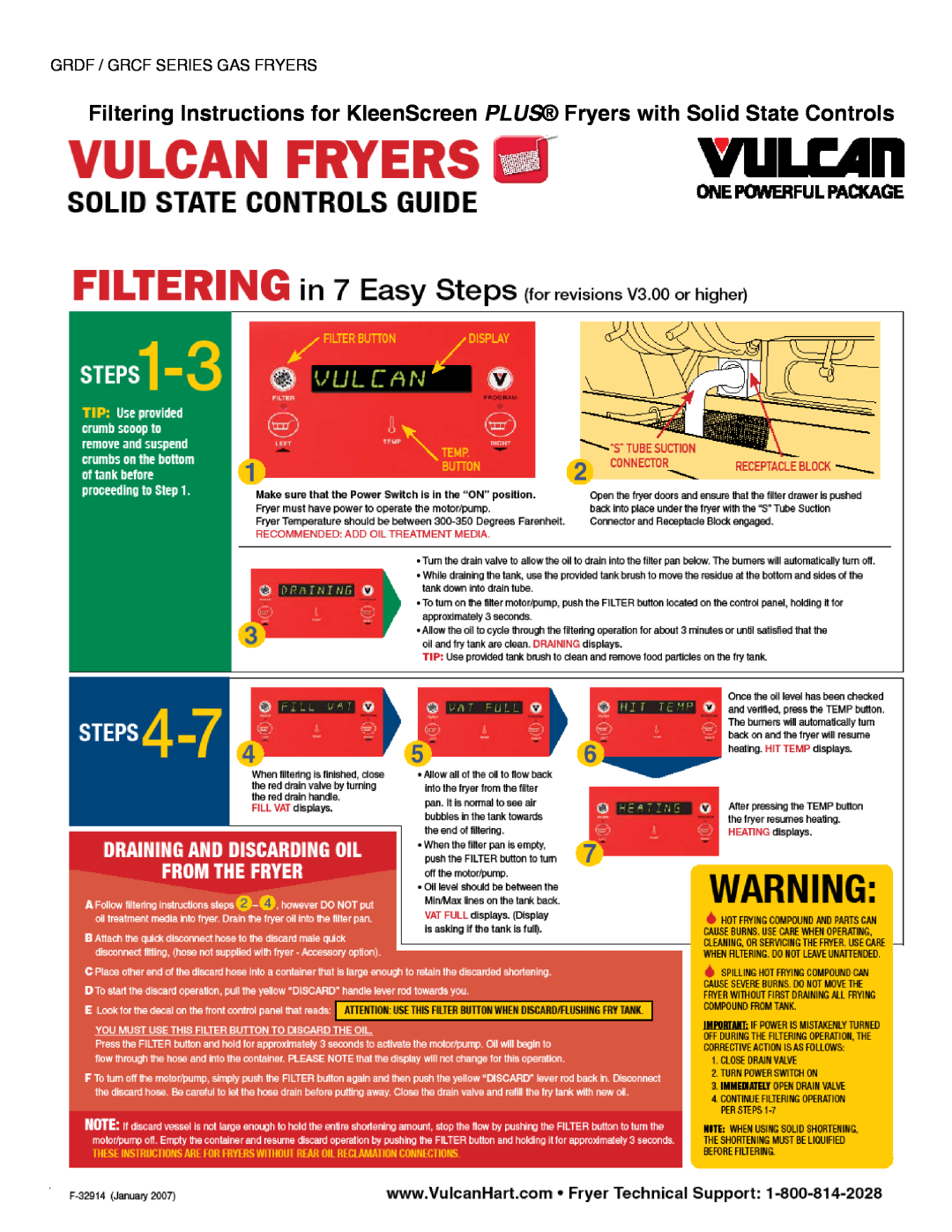 Vulcan-Hart 2XG65DF, 4GR85CF, 3GR85DF, 4GR45CF, 3GR85CF manual Grdf / Grcf Series Gas Fryers, Vulcan-Hart, F-31214 Rev. D March 