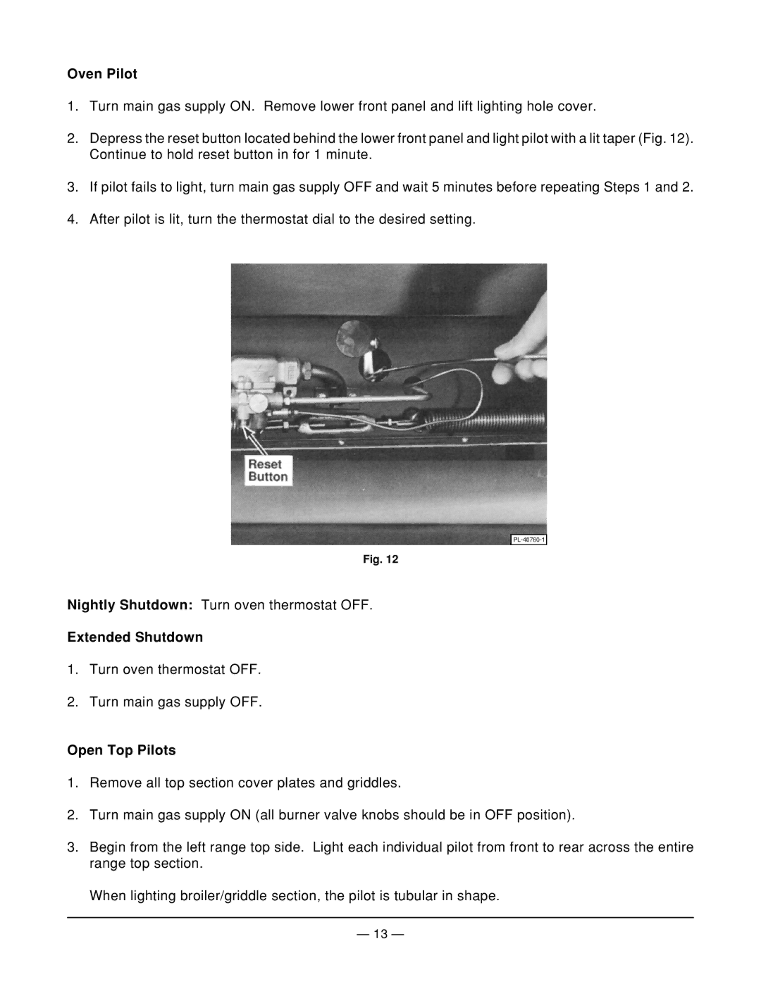 Vulcan-Hart 60L77R ML-52114, 36L77R ML-52113, 260L77R ML-52116 Oven Pilot, Extended Shutdown, Open Top Pilots 