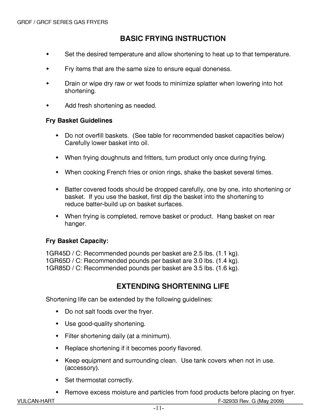 Vulcan-Hart 1GR45C ML-136414, 3GR45DF ML-136427 Basic Frying Instruction, Extending Shortening Life, Fry Basket Guidelines 