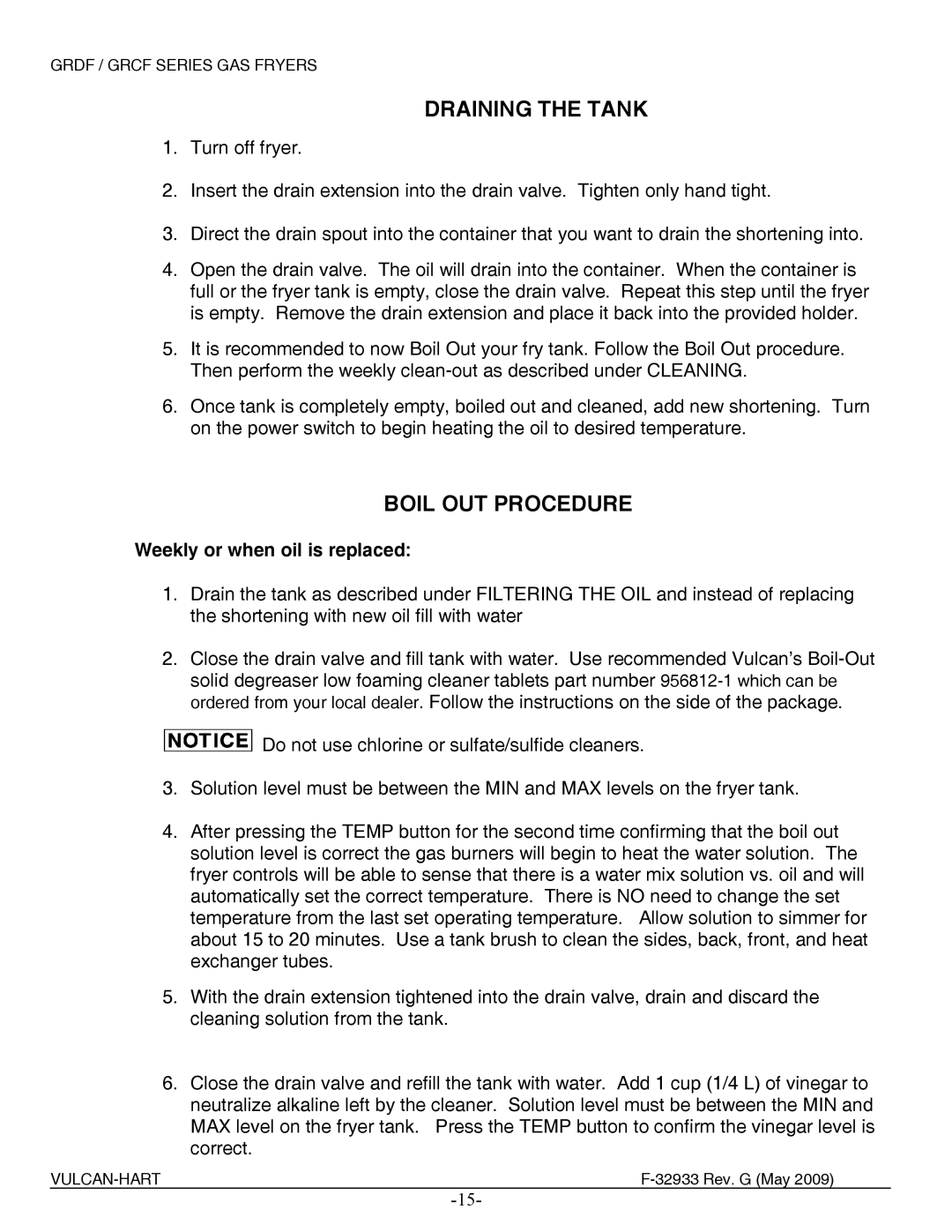 Vulcan-Hart 3GR45DF ML-136427, 2GR45DF ML-136424 Draining the Tank, Boil OUT Procedure, Weekly or when oil is replaced 