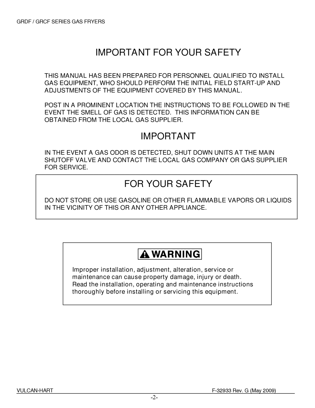 Vulcan-Hart 2GR45CF ML-136431, 3GR45DF ML-136427, 2GR45DF ML-136424, 1GR85D ML-136413 manual Important for Your Safety 