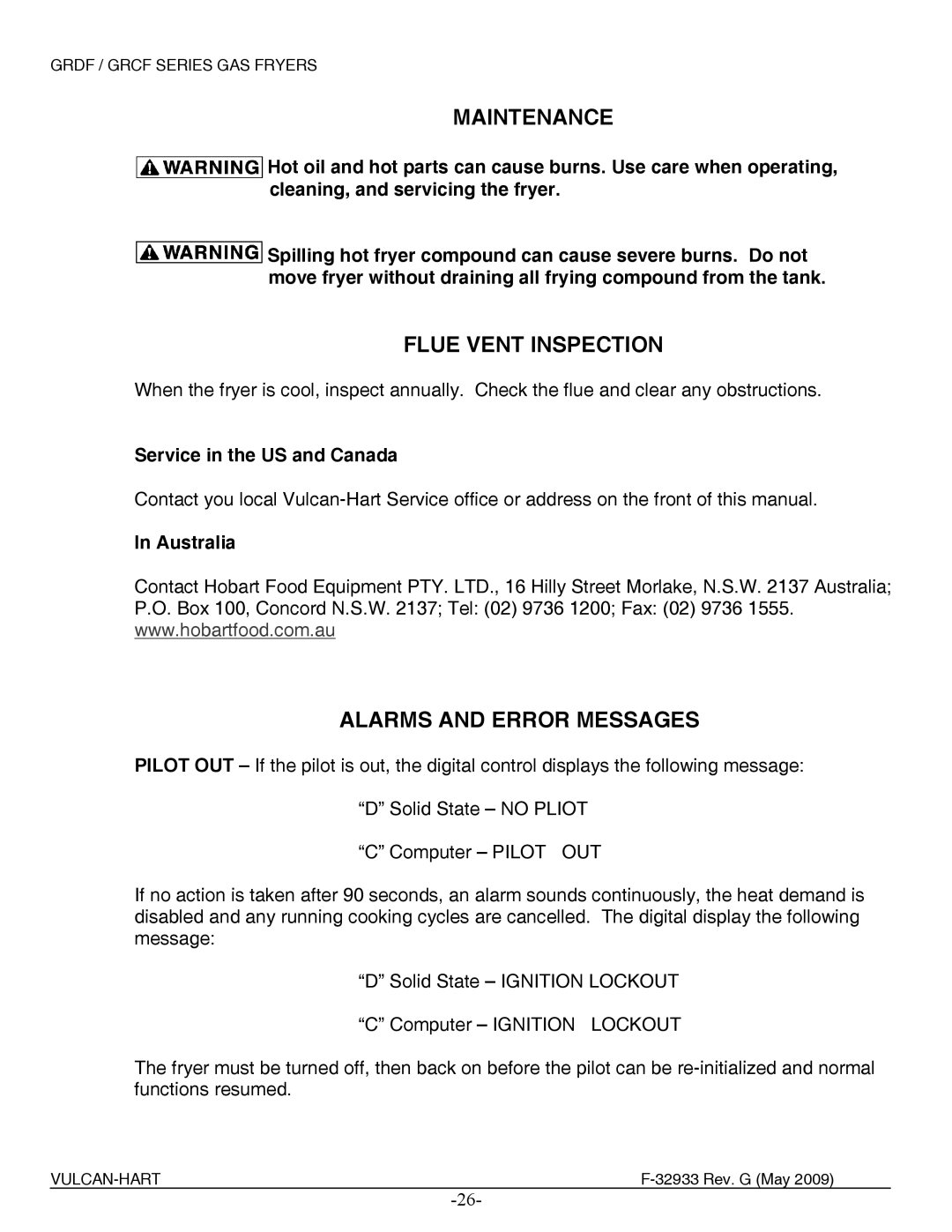 Vulcan-Hart 1GR45C ML-136414 Maintenance, Flue Vent Inspection, Alarms and Error Messages, Service in the US and Canada 