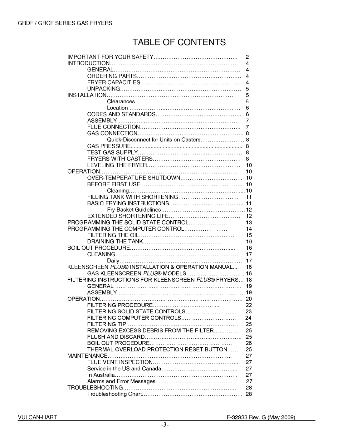 Vulcan-Hart 1GR85D ML-136413, 3GR45DF ML-136427, 2GR45DF ML-136424, 2GR45CF ML-136431, 1GR85CF ML-136793 Table of Contents 