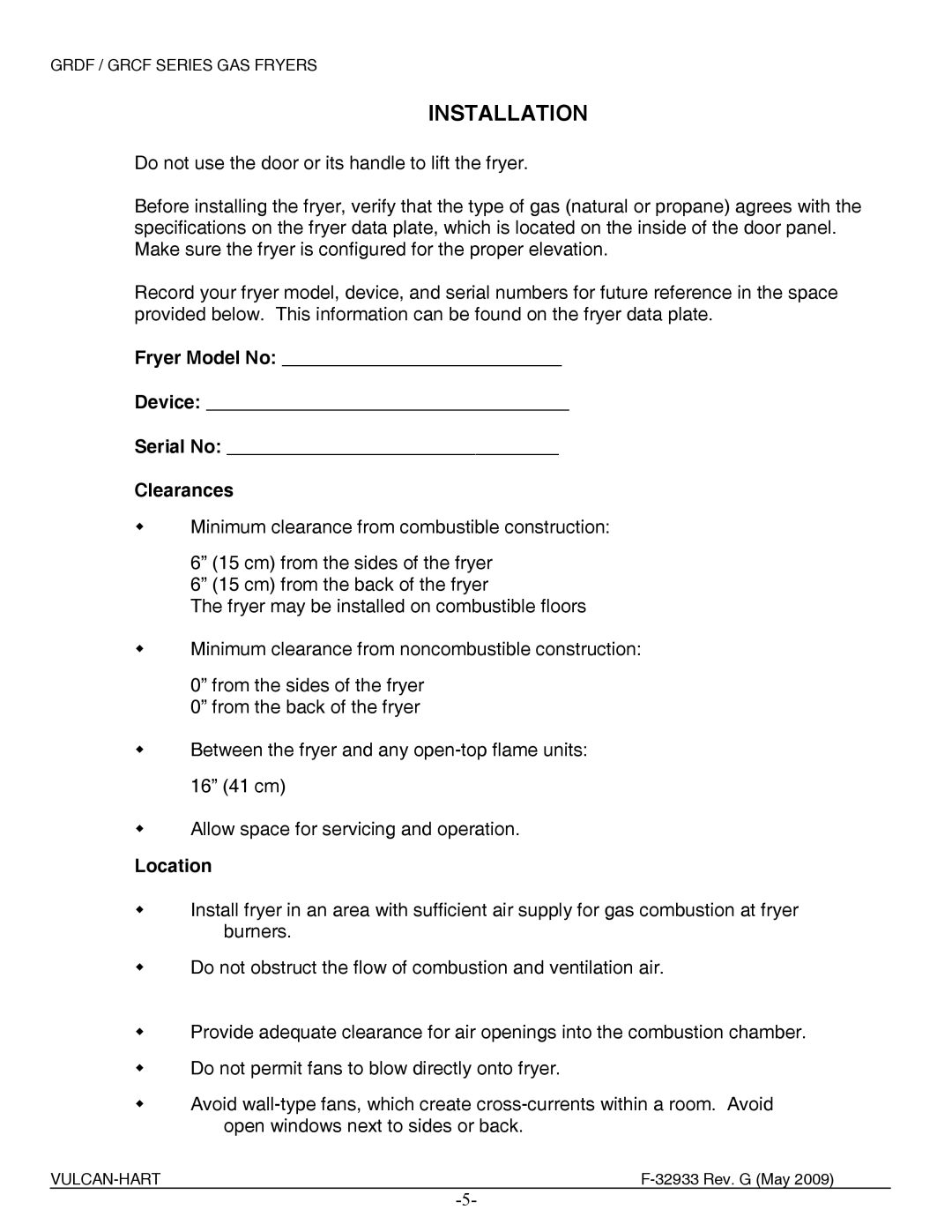 Vulcan-Hart 1GR85DF ML-136790, 3GR45DF ML-136427 manual Installation, Fryer Model No Device Serial No Clearances, Location 