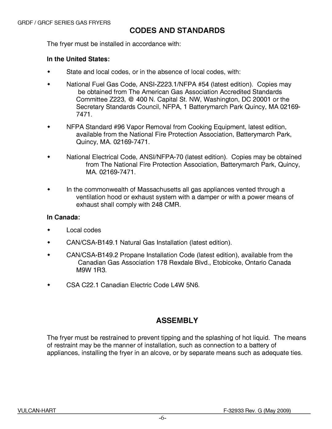 Vulcan-Hart 1GR65DF ML-136789, 3GR45DF ML-136427, 2GR45DF ML-136424 Codes and Standards, Assembly, United States, Canada 