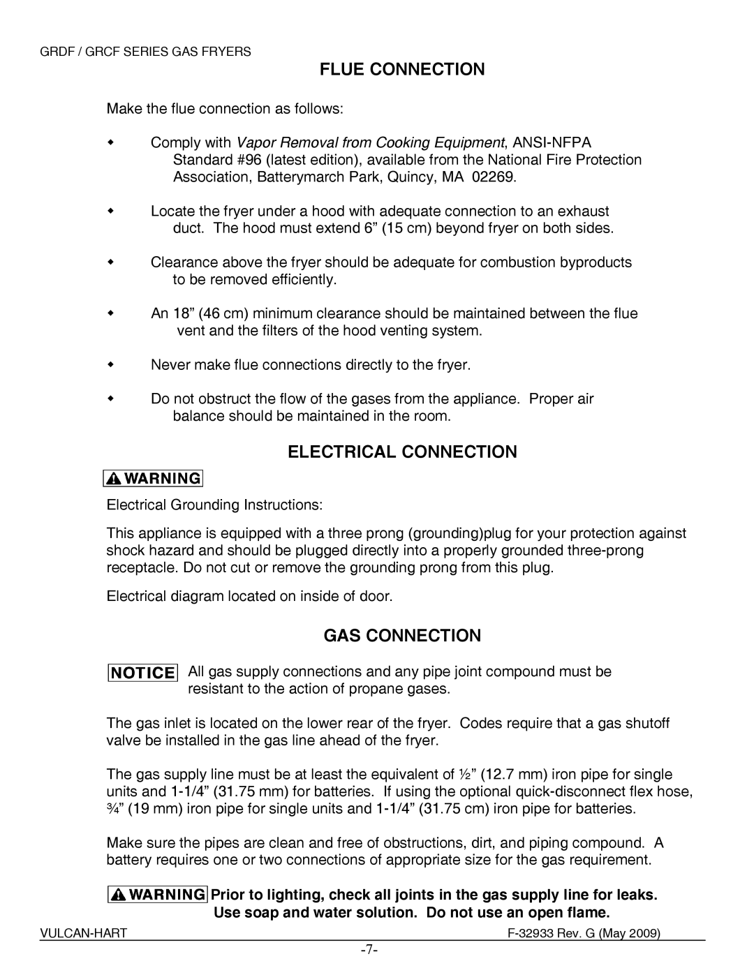 Vulcan-Hart 1GR45DF ML-136778, 3GR45DF ML-136427, 2GR45DF ML-136424 Flue Connection, Electrical Connection, GAS Connection 