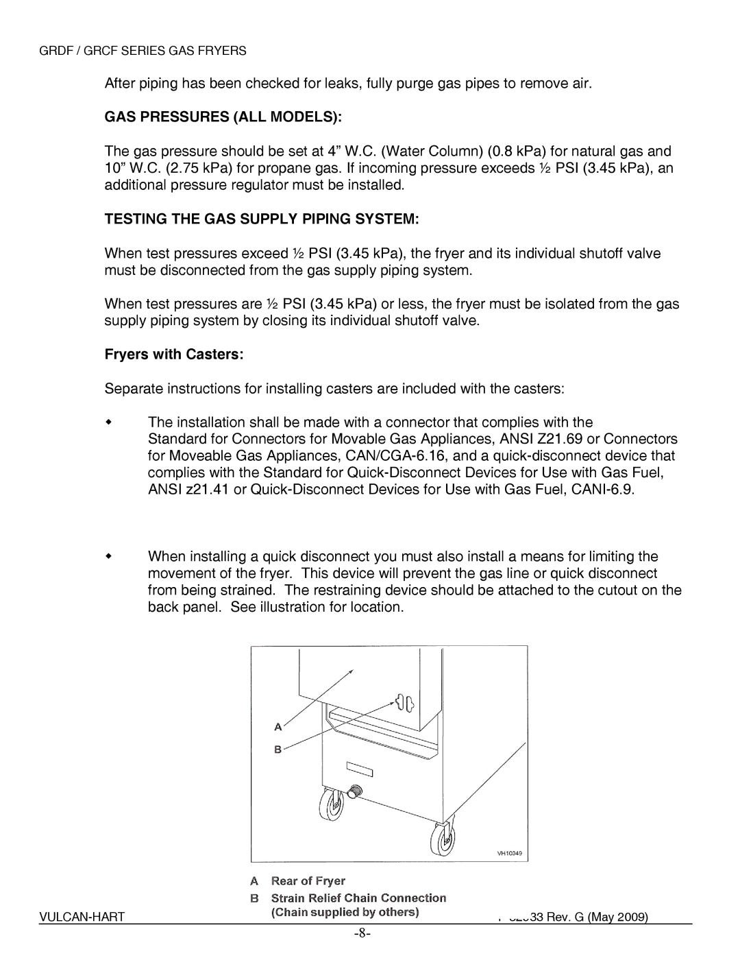 Vulcan-Hart 1GR45D ML-136411 manual GAS Pressures ALL Models, Testing the GAS Supply Piping System, Fryers with Casters 