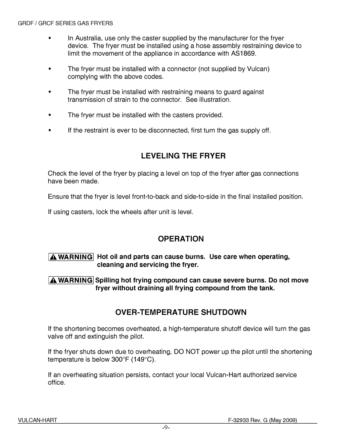 Vulcan-Hart 1GR85C ML-136416, 3GR45DF ML-136427, 2GR45DF ML-136424 Leveling the Fryer, Operation, OVER-TEMPERATURE Shutdown 
