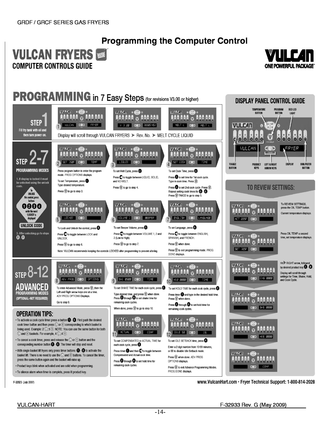 Vulcan-Hart 1GR65CF ML-136792 manual Programming the Computer Control, Grdf / Grcf Series Gas Fryers, Vulcan-Hart 